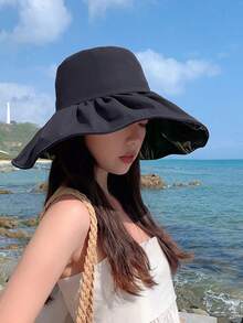 1顶新款韩版女士可折叠大檐遮阳帽，夏季款，黑色乙烯基材质，防紫外线，渔夫帽 - 彩色 - 查看 14