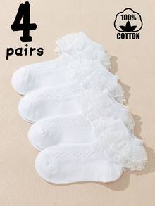 4双装纯棉儿童中/小童大蕾丝边短袜，蓬松蕾丝网纱女童蕾丝边短袜，可爱公主舞蹈袜 - 白色 - 查看 4