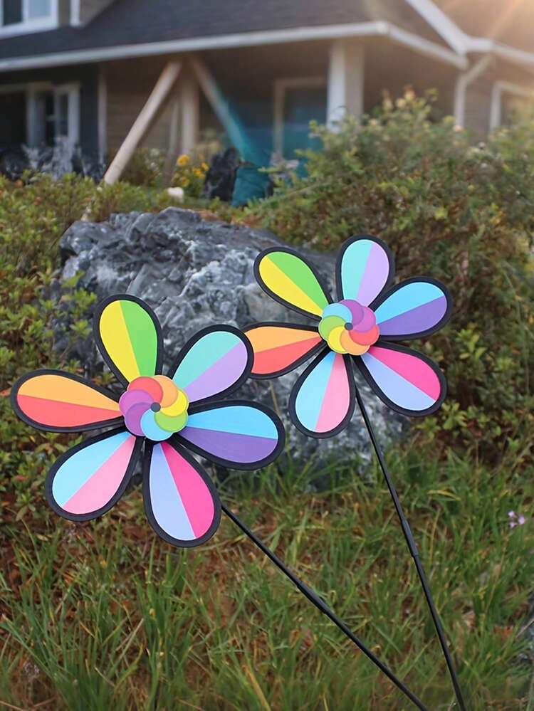 4个彩虹塑料风车装饰品，适用于庭院、花园、草坪、户外装饰、春季庭院装饰，旋转风车装饰品 - A - 查看 5
