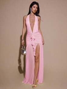 2026BAE Sexy Minimalist Solid Yellow Cream Deep V-Neck Halter Bodycon Ruched Fitted Women's Maxi Mesh Dress, Suitable For Party, Cocktail, Formal Occasions, Bridesmaid, Birthday, Business Casual, Elegant Women Maxi Dress,Valentine's Day,Valentine Fits For WomenLoose And Comfortable,Casual And Easy-Goin - 珊瑚粉 - 查看 12