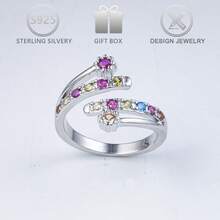 1 pieza Anillo abierto de plata de ley 925 con circonita cúbica incrustada, adecuado para uso diario casual, fiestas, bodas, vacaciones, cumpleaños, regalo del Día de San Valentín para mujeres - Plateado - Ver 8