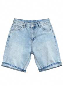 男士牛仔短裤，2025夏季薄款韩版时尚直筒宽松休闲百慕大短裤 - 淺色水洗藍 - 查看 1