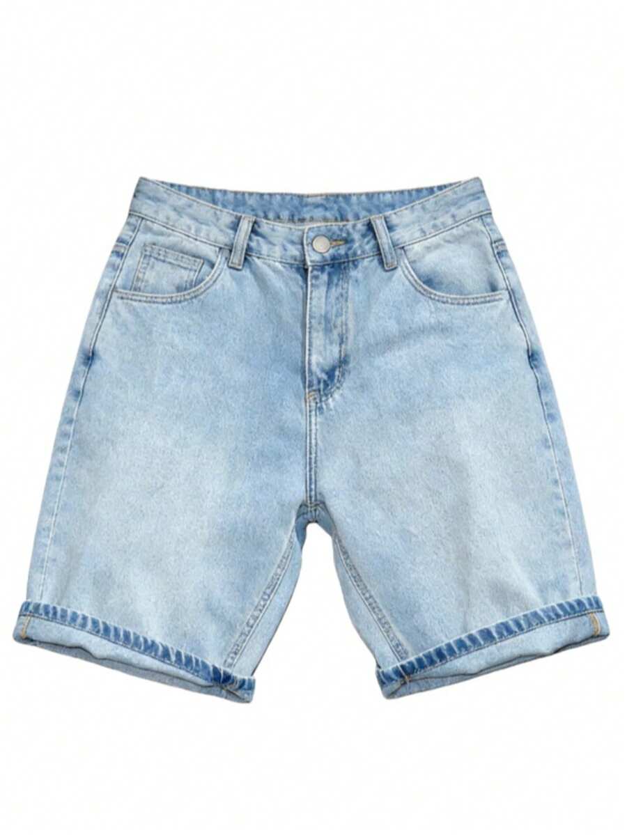 男士牛仔短裤，2025夏季薄款韩版时尚直筒宽松休闲百慕大短裤 - 淺色水洗藍 - 查看 1