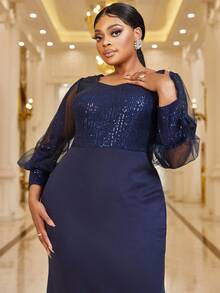 亮片网纱袖连衣裙 - 藏蓝色 - 查看 6