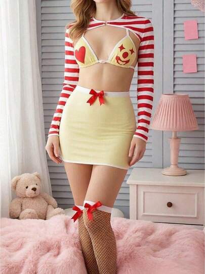 Women's Erotic Naughty Lingerie Set Long Sleeve Shrug And Bra Mini Skirt Thigh High Socks Leg Rings Clown Cosplay Costume