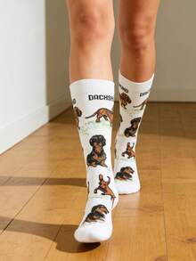 1 Paio di Calzini con Motivo Jacquard a Cane, Bianchi Divertenti e alla Moda, Versatili per Uso Quotidiano, Adatti per Tutte le Stagioni - Bianco - Visualizzare 1