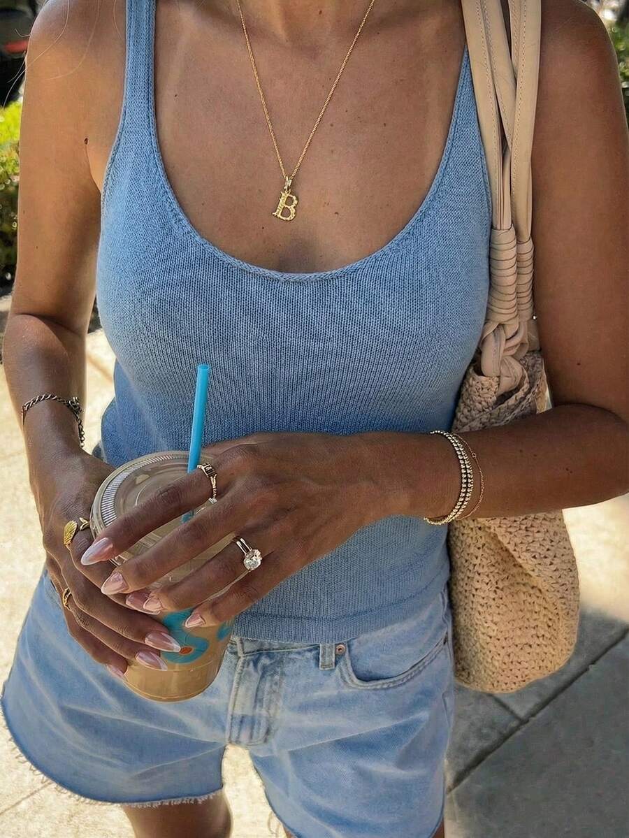 Camiseta básica casual y versátil de estilo Y2K "Babe" de punto con cuello en U para mujer, para el verano - Azul - Ver 1