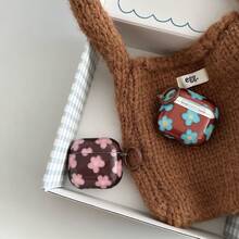 复古简约棕色底粉色蓝色毛绒花朵挂环耳机保护套，兼容 Pro 2、Apple 4 简约新款 3 代耳机，女士适用 - 彩色 - 查看 4