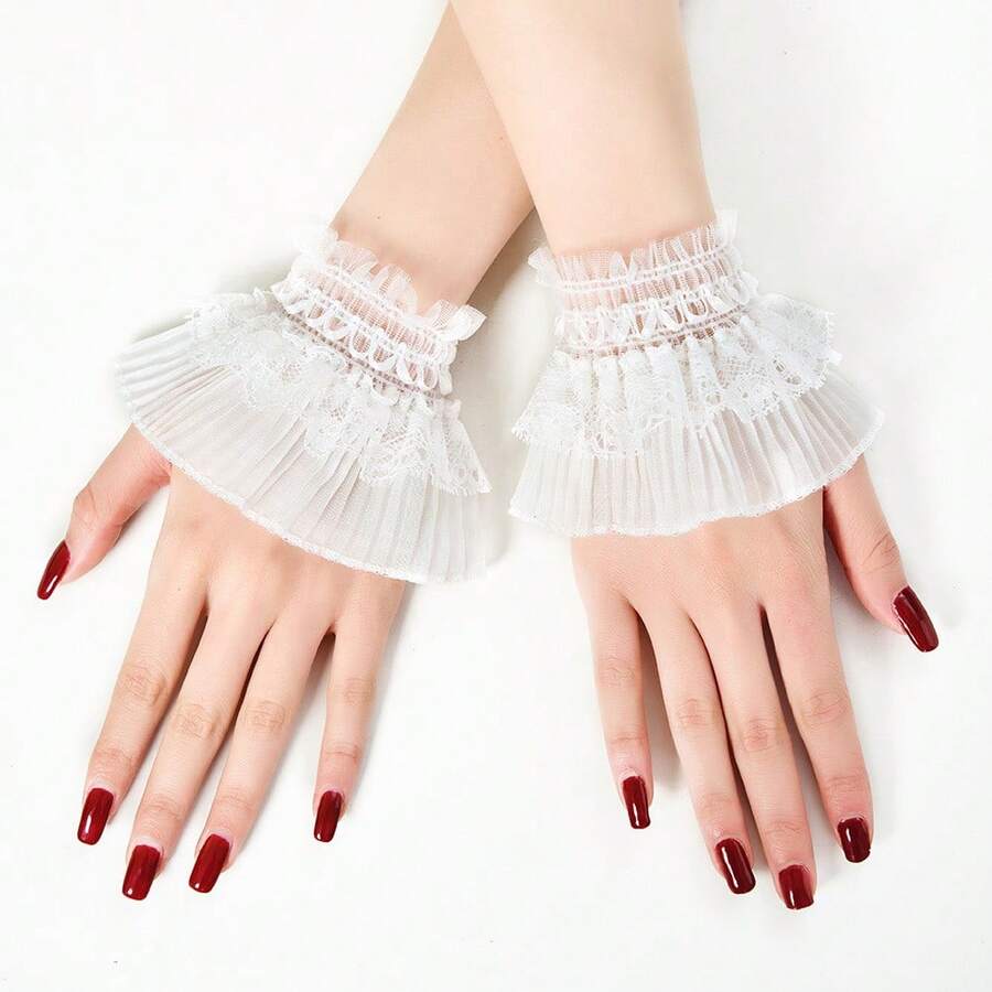 1 Pair Fashion Double-Layer Ruffle Mesh Sleeve Cuffs, Lace Tie Cuff, Lolita Style Sleeve Cuff, Sun Protection Tattoo Cover Arm Sleeves For Women - Multicolor - View 1