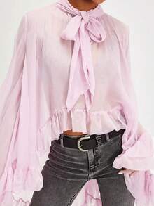 Women Y2K Long Bell Sleeve Frill Top V Neck See Through Sheer Mesh Blouse High Low Hem Ruffled Flowy Tops Loose Fit Poncho Capes Tops Going Out - 粉色 - 查看 2