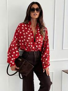 女士优雅红白波点衬衫 - 宽松H型长袖衬衫，半透明立领上衣，可机洗，适合所有季节，休闲和正式场合皆宜（红色底，白色波点图案）春季 - 紅色 - 查看 7