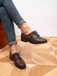 女士圆头系带平底鞋，户外复古休闲鞋 - 銅色 - 查看 2