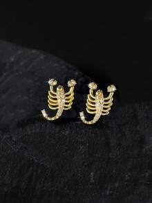 1 par de pendientes de aro con diseño de cabeza de leopardo con circonita completa, y 1 par de pendientes de botón con diseño de búho de lujo con circonita de cobre, en colores dorado y plateado, con diseño único de esqueleto de escorpión, adecuados para uso diario y de fiesta, unisex - Multicolor - Ver 6