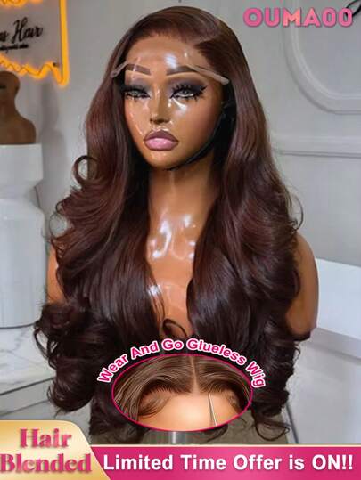 13x6 13x4HD Lace Front Wig Human Blended Hair Body Wave 34 Inch - 200% High Density Pre-Plucked Glueless Frontal Wig For Women, Natural Color, No Glue & Ready To Wear