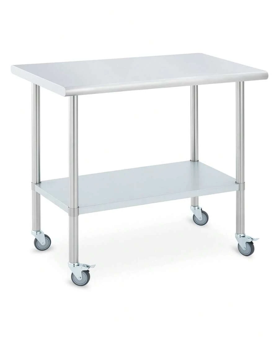 Mesa de acero inoxidable para preparación y trabajo, mesa de trabajo de cocina comercial de 24 x 48 pulgadas con 4 ruedas giratorias y estante inferior ajustable, mesa de preparación de alimentos de metal resistente para restaurante, garaje y exterior. - Plateado - Ver 1