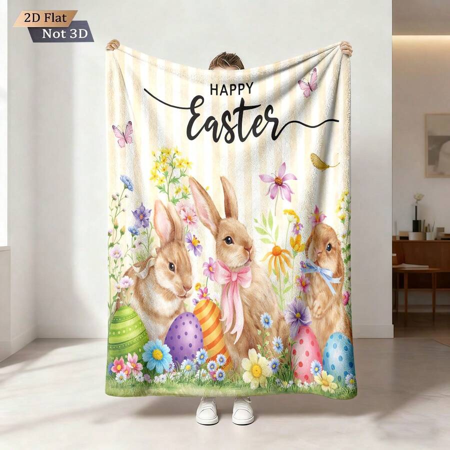 1pc Cute Easter Bunny Print Flannel Blanket, Soft Fleece Blanket For Sofa, Bedroom, Study, Dorm, Office Bed, Camping, Versatile Gift, Suitable For All Seasons, Great Gift For Girls, Boys, And Room Decor - 3128+230MT - View 1
