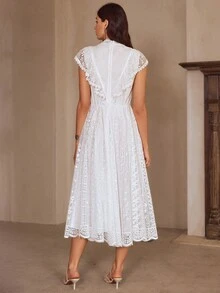 Simplee 女士春夏新款优雅蕾丝边拼接连衣裙，喇叭裙摆，适合婚礼和派对等场合，白色 - 白色 - 查看 9
