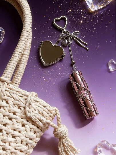 一套挂饰心形和星形吊坠网袋口红收纳袋不锈钢润唇膏袋金属钥匙扣，可作钥匙链、包饰、包挂件、包包配件、链条包饰、包包护身符、包包徽章、包包链吊坠、装饰链、钥匙扣、装饰包链、钱包配件、挂绳链装饰