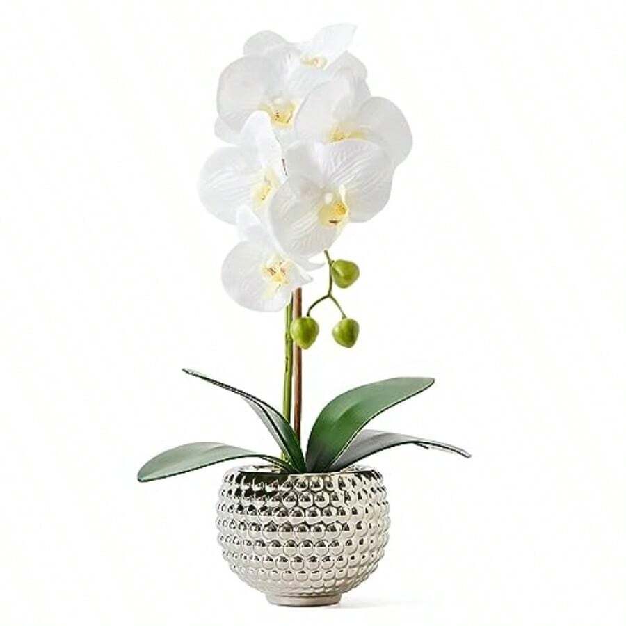 Flores Artificiales con Maceta Plateada Orquídeas Sintéticas Grandes para Decoración del Hogar Centro de Mesa de Interior o Baño-B029 - Plata y blanco - Ver 1
