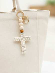 1/2/4pcs Handmade Macrame Cross Keychains With Wooden Beads, Suitable For Women, Ideal As Baptism Guest Gifts, Handcrafted Cross Keychain Gifts, Boho Style Woven Cotton Rope Keychains With Wooden Beads, Christian Baptism Easter Birthday Religious Gifts, Communion Confirmation Party Decor Religious Souvenirs - Multicolor - View 12