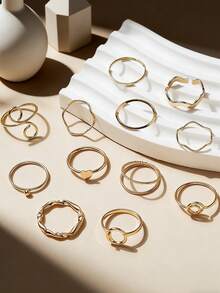 Juego de 13 anillos minimalistas y elegantes con múltiples elementos - Dorado - Ver 4