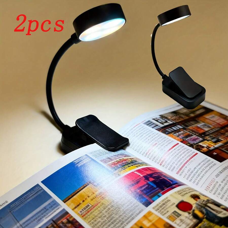 VOLACI 2个4灯LED黑白夹式阅读灯，护眼阅读灯，3种色温，可调光，迷你便携式夹式阅读灯（不含电池）