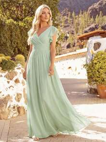 EVERPRETTY Spring Short Sleeve Ruched V-Neck Asymmetric Chiffon Ruffle Hem Sage Green Bridesmaid Dress, Wedding Guest Dress, Suitable For Wedding Receptions And Birthday Parties - Mint Green - View 10