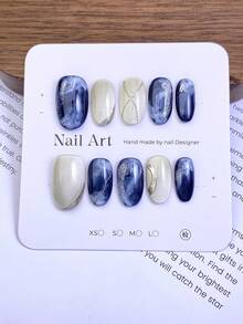 10pcs Middle Oval Fake Nails With Deep Blue Smudge Texture & Silver Glitter Tone Elegant Golden Line & Fine Glitter Elements Design Shiny 100% Handmade Press On Acrylic Nails Reusable Nail Supplies Including 1pc Jelly Glue,1pc Stick And 1pc Nail File For Women's Daily Or Party Wear - Multicolor - View 13