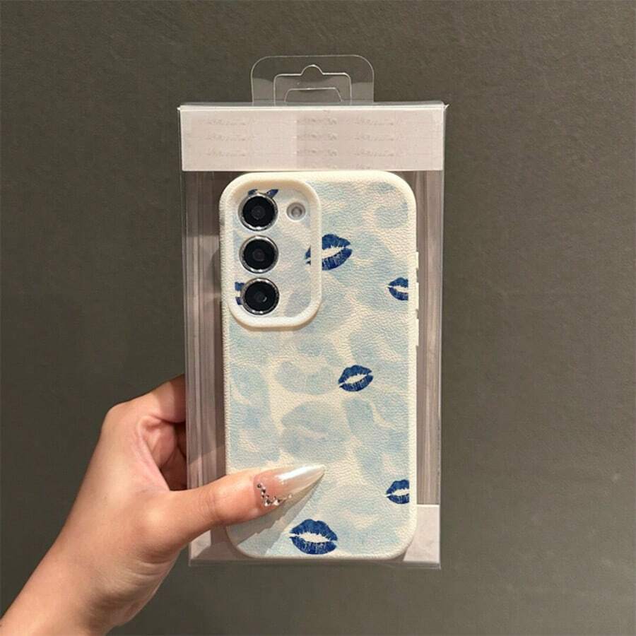 1pc TPU Material Blue Lip Print Full Coverage Fashionable Phone Case Compatible With Samsung A05s, A12, A13, A14, A14 4G, A15, A21s, A23, A25, A32, A32 5G, A34, A35, A50s, A51, A52, A53, A54, A55, A71, A72, A73, S10, S20 FE, S20 Ultra, S21 Ultra, S22, S22 Plus, S23, S24, Redmi 10C, 12C, Note 10, 11, 12, 13, Pro Plus, Note 8, 9 Pro, Full Protective Soft Phone Case - White - View 1