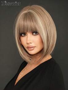7JHH WIGS Flaxen Brown Short Straight Hair Wig For Women 12 Inch Brown Mixed Beige Highlight Hair Elegant Bob Wig With Bangs, Synthetic Fiber Full Machine Fake Hair For Daily Wear, Festival Ready & Party Costume Wigs Accessory - Girl's Gift - Beige Highlight - View 5