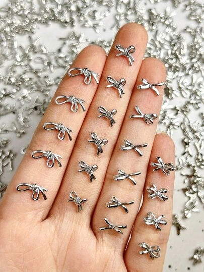 20Pcs Random Mixed Y2K Silver Alloy Bow Nail Charms 3D Mini Bowknot Nail Art Decorations For DIY Manicure