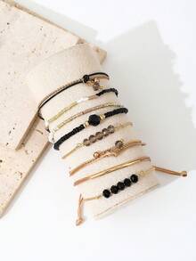 7pcs Handmade Beaded Bracelet Set, Black Crystal Beads, Rice Beads, Contrast Color Pendant, Minimalist Ins Style - Gold - View 3