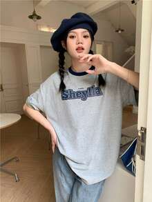 休闲厚绒字母印花宽松短袖T恤 - 灰色 - 查看 2