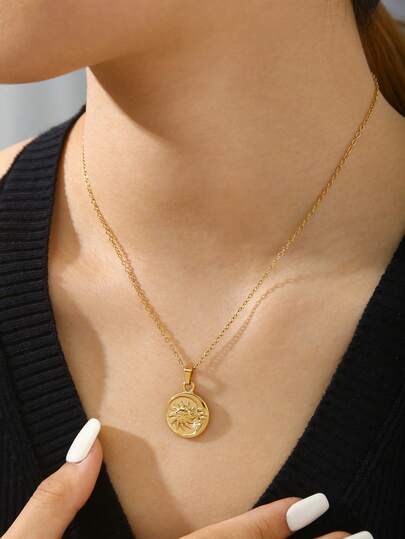 TONSI 1件个性化简约复古风18K镀金不锈钢几何月亮太阳吊坠项链，百搭且不易褪色，适合女性日常、通勤、派对佩戴，是送给朋友、女友、同事的绝佳礼物。