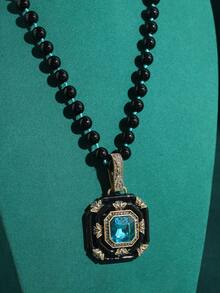 复古做旧铜镀18K金日常休闲法式风格仿水晶玻璃蓝色方形珐琅黑珠项链耳环首饰套装 - 黑色 - 查看 3