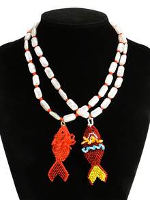 2件套波西米亚风串珠项链套装，卡通可爱小鱼吊坠和不对称珍珠颈链，春季派对礼物和夏季海滩度假首饰 - 彩色 - 查看 6