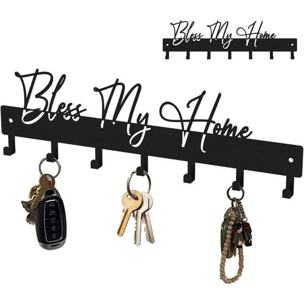 ShowMtheM Exquisite Fashion Phrase Key Holder Wall Mount,Bless My Home Key Kooks For Wall Decoration,Black Metal Key Hanger With 7 Kooks For Entryway,Office,Living Room Decor