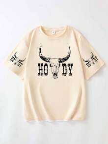 Tricou grafic Howdy Western de mărime mare, stil boho, casual, cu guler rotund, mânecă scurtă, simplu, potrivit pentru purtare zilnică, ieșiri în oraș, petreceri, școală, participare la festivaluri de muzică, vacanță, naveta. Poate fi oferit cadou familiei, iubitului, prietenei, prietenilor, hainelor de vară pentru fete. - Caisă - Vizualizare 3