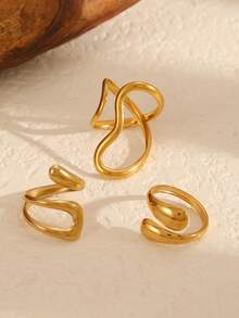 COINBUFF 3pcs Fashionable Luxury Teardrop Line Stainless Steel Gold Plated Adjustable Non-Fading Rings Set, Suitable For Daily Wear And Holiday Gifts - As Shown - View 2