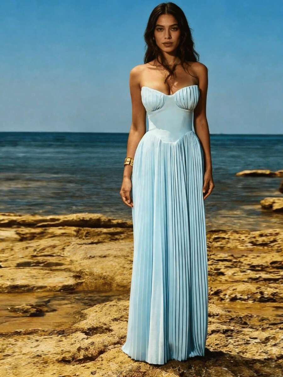 Bustier Skinny Pressure Pleat Bodycon Dresses - 冰藍 - 查看 1