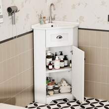 Space-Saving Bathroom Furniture, Freestanding Model With Single Basin, Waterproof MDF Structure, Ceramic Basin, Metal Handle, Melamine Non-Lacquered Surface, Bathroom Storage Unit, White. - White - View 4