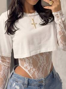 GLOpass Sexy Y2K Lace Sheer Illusion Fitted Romper, Suitable For Music Festival, Date, Party And Daily Wear, Spring/Summer - White - View 8