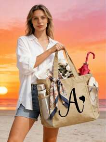 1/2/3 pezzi Set di borse a tracolla in lino con lettera iniziale, borse da spiaggia con monogramma da A a Z con tasche laterali in rete e pochette abbinata, ideale per trasportare gli essenziali da spiaggia, la spesa, gli articoli quotidiani e aggiungere un tocco preppy personalizzato agli outfit estivi, adatto per gli amanti della spiaggia, damigelle, studenti, donatori di regali, perfetto per gite in spiaggia, giornate in piscina, picnic, shopping, addii al nubilato, borsa da shopping riutilizzabile - Multicolore - Visualizzare 4