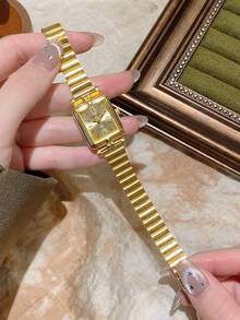 1pc Square Bamboo Knot Quartz Watch In Gold/Silver Color, Suitable For Daily Wear And Perfect Gift For Birthday, Christmas - Gold - View 3