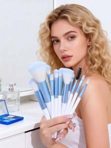 12pcs Makeup Brush Set, Soft & Fluffy, Professional Foundation, Powder, Eyeshadow Blending Makeup Brushes, Beauty Tools, Gifts For Beginners, Brown, Makeup Brushes With Soft Fibers, Portable Travel Set, Travel Essentials, Beach, Gifts For Women And Girls - Blue - View 2