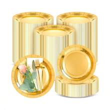 100/50/25/10个金色加厚可重复使用餐盘，甜点盘，蛋糕盘，优雅抛光金属边，防水耐用，一次性餐盘，适用于野餐、晚餐、派对、情人节、开胃菜 - 金色 - 查看 10