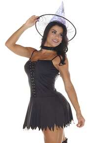 Fantasia Halloween Feminina Bruxa Sensual Com Vestido e Chapéu Festa Temática Bruxinha Carnaval - Preto - Visão 7