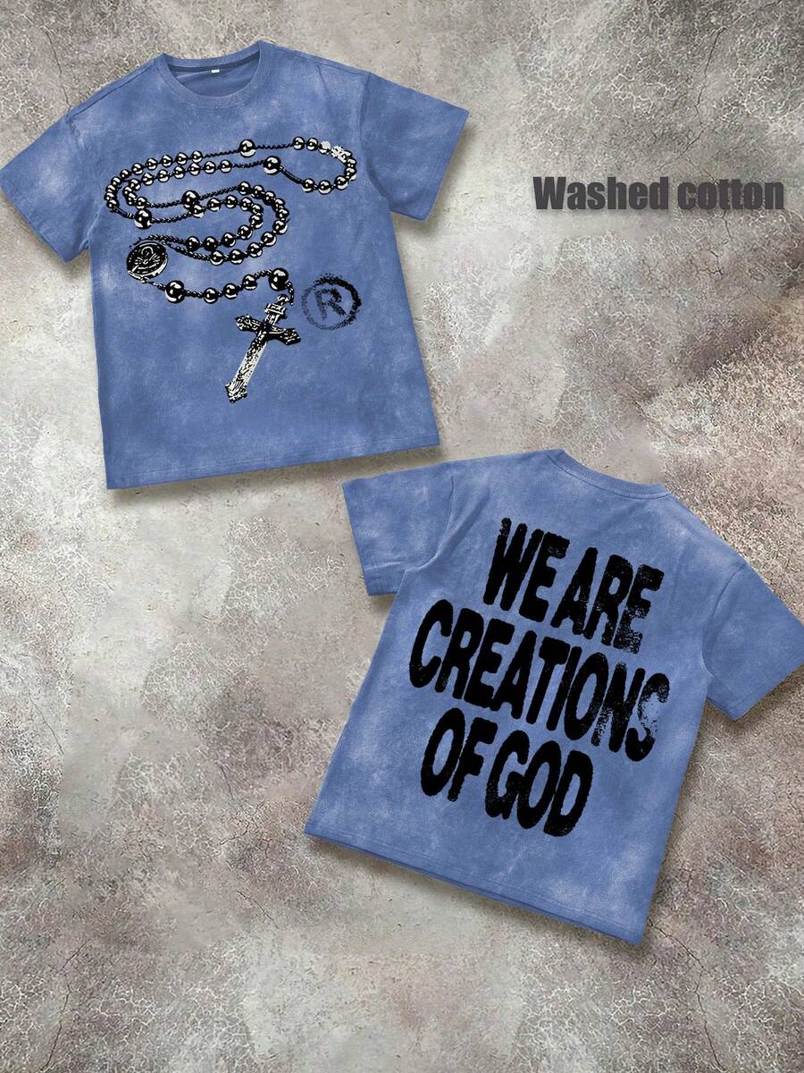 Cotton T-Shirt, Unisex Loose T-Shirt, Casual And Comfortable, Men's T-Shirt, Suitable For Casual Outings And Relaxing At Home - 水洗藍 - 查看 1