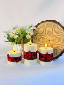 Three Flameless LED Electronic Candles With Remote Control Timer, 3D Warm Light Adjustable Wick, Suitable For Home, Wedding, Holiday, And Party Decorations. - Red Checkered Cloth - View 3