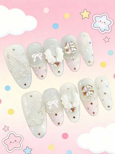 10pcs Angel White Nail Stickers: Wings/Bow/Rhinestone Decor. Perfect For Dates, Party Nights, Cosplay, And Cute Daily Looks. Reusable, Easy To Apply/Remove, Romantic & Dreamy. Pair With Pastel Dresses, Lolita Style, And Casual Sweet Outfits. Ideal Choice For Fashion Lovers Who Adore Ethereal Vibes And Seek Easy Nail Art.